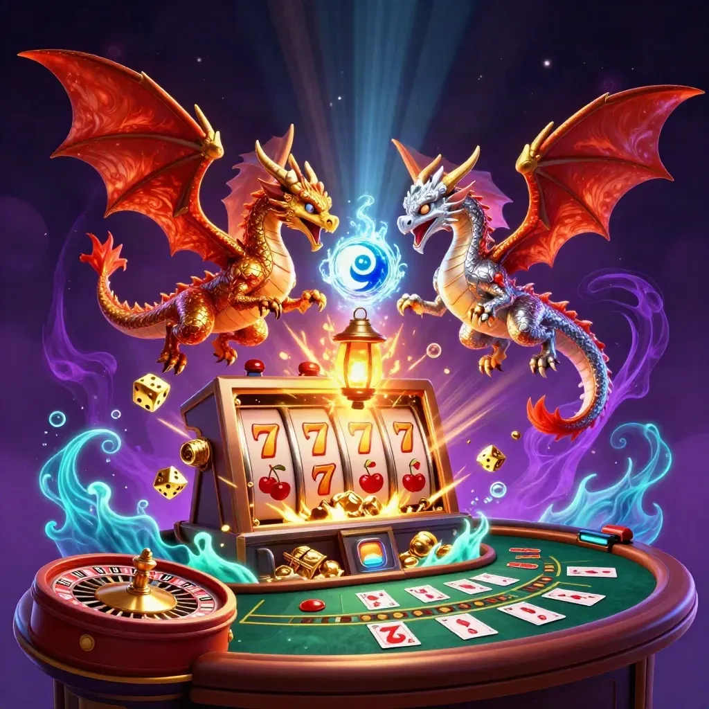Dois dragões dourado e prateado em voo, com magia rubi, roleta, mesa e tesouro brilhando.