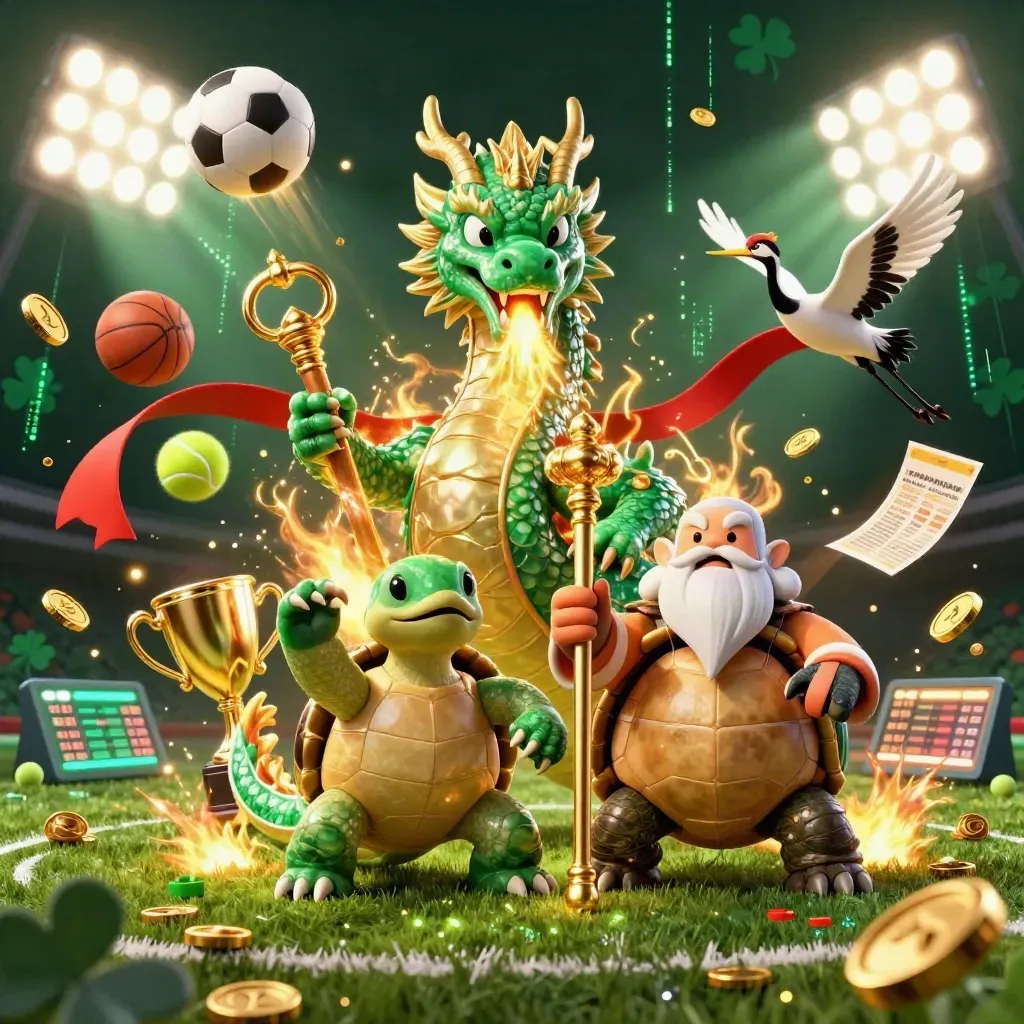 Dragão esmeralda, tartaruga sábia e garças cercados por bolas e moedas em luz de estádio.