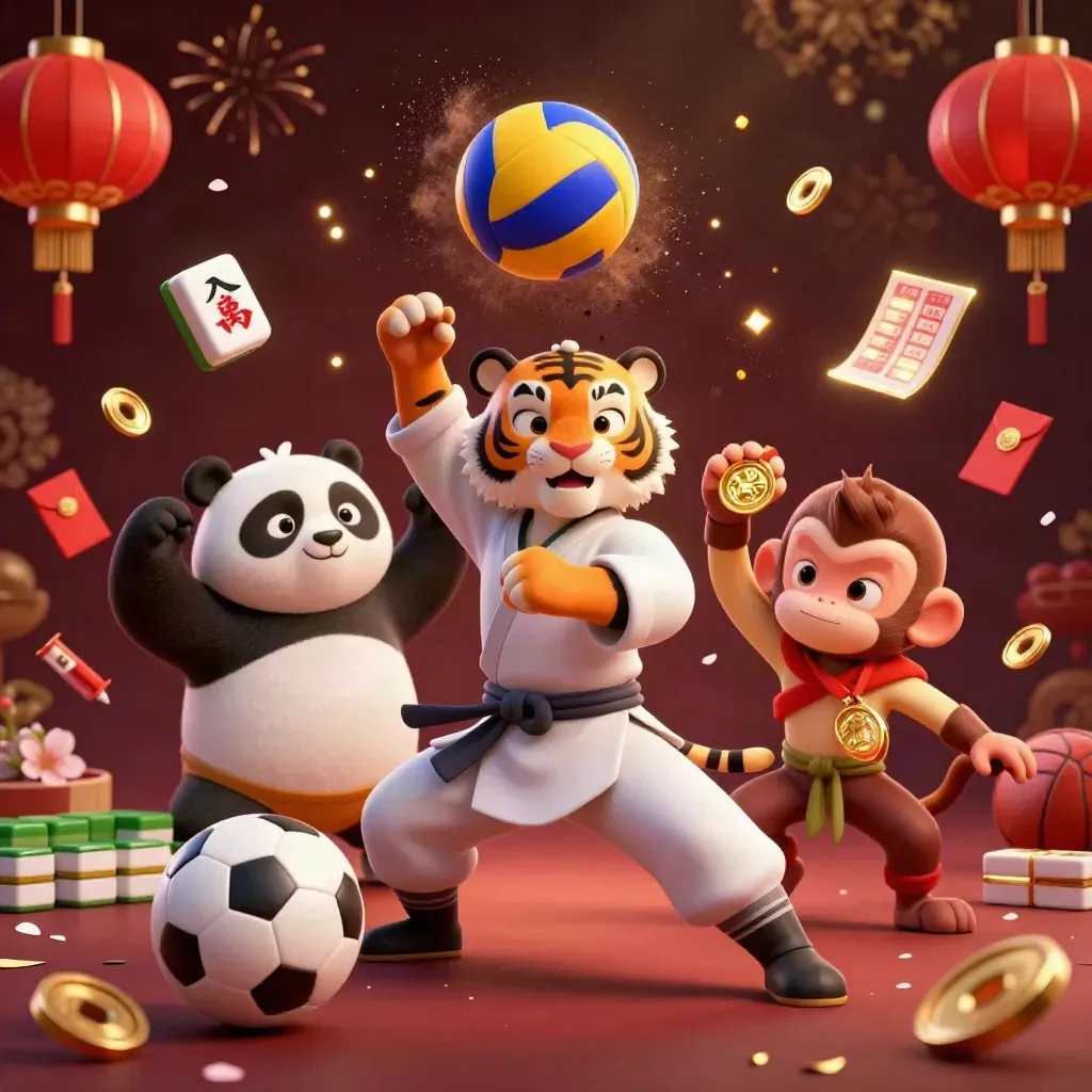 Tigre, panda e macaco em pose de luta, com bolas e moedas voando sob luz dourada.