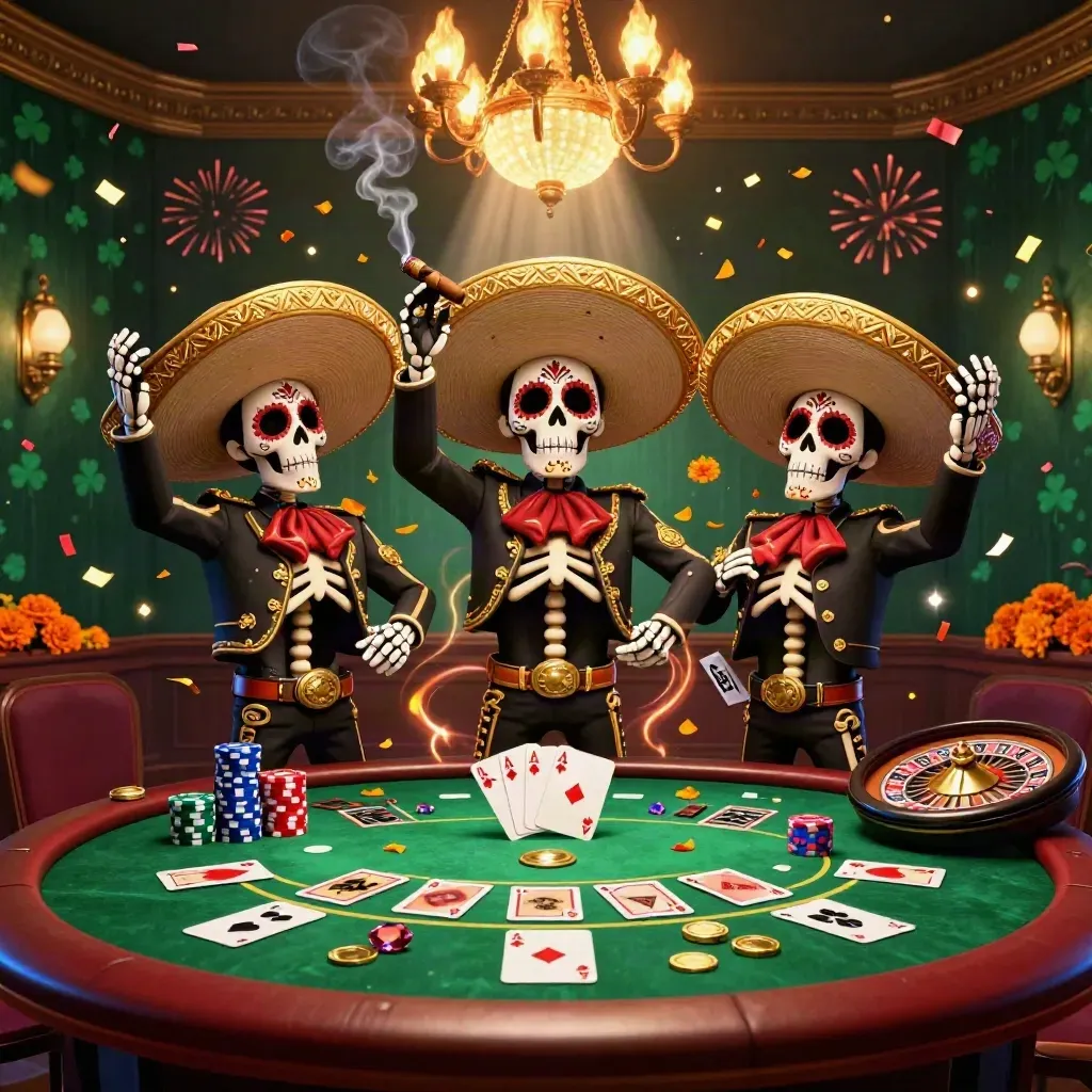 Trio esqueleto mariachi em mesa de cassino, com roleta, fichas, cartas e luzes festivas.