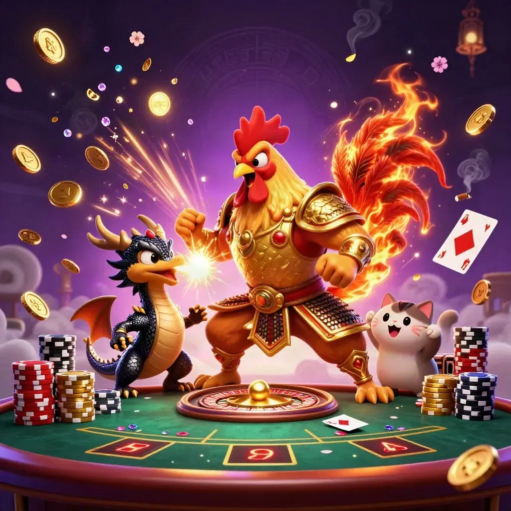 Galo samurai, dragão bebê e gato da sorte em cassino com moedas, cartas e brilho VIP.