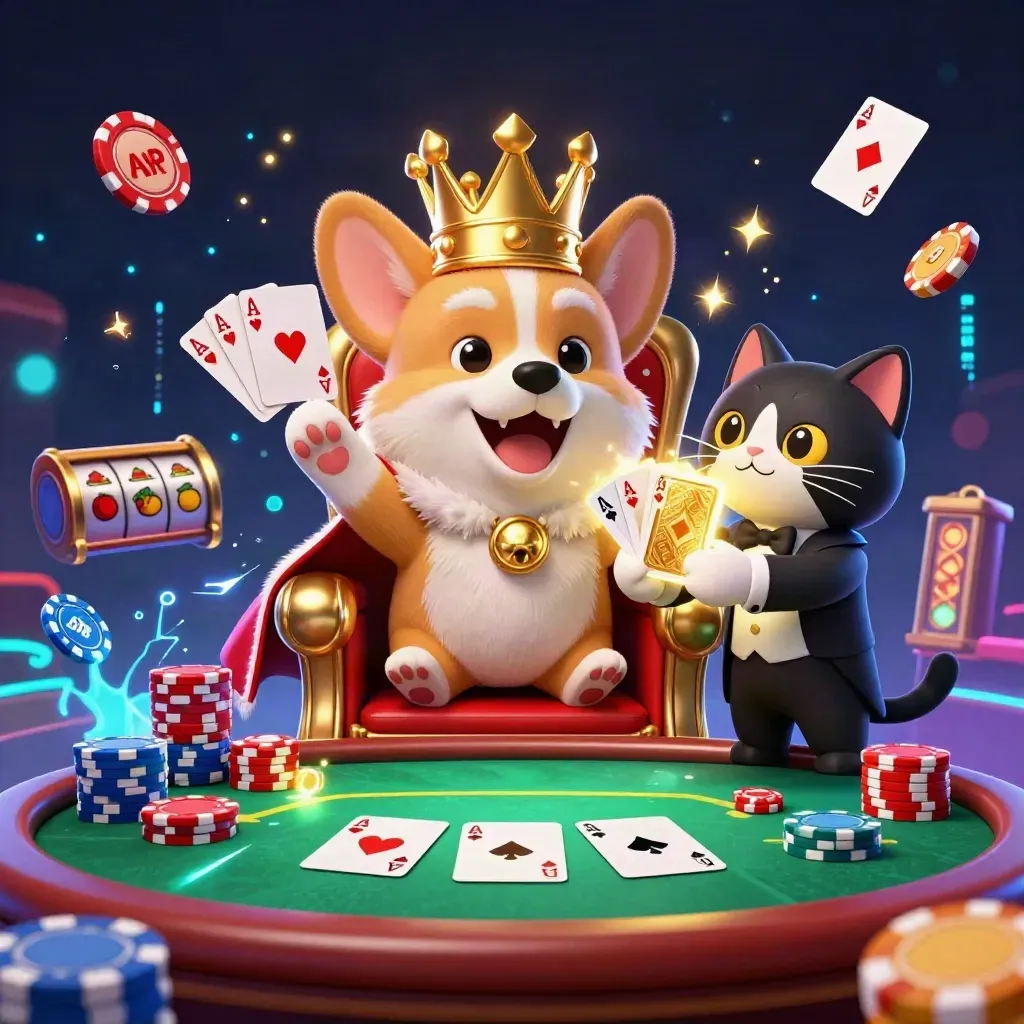 Corgi real em trono de fichas com gato mordomo, cartas, neon azul e chuva digital.