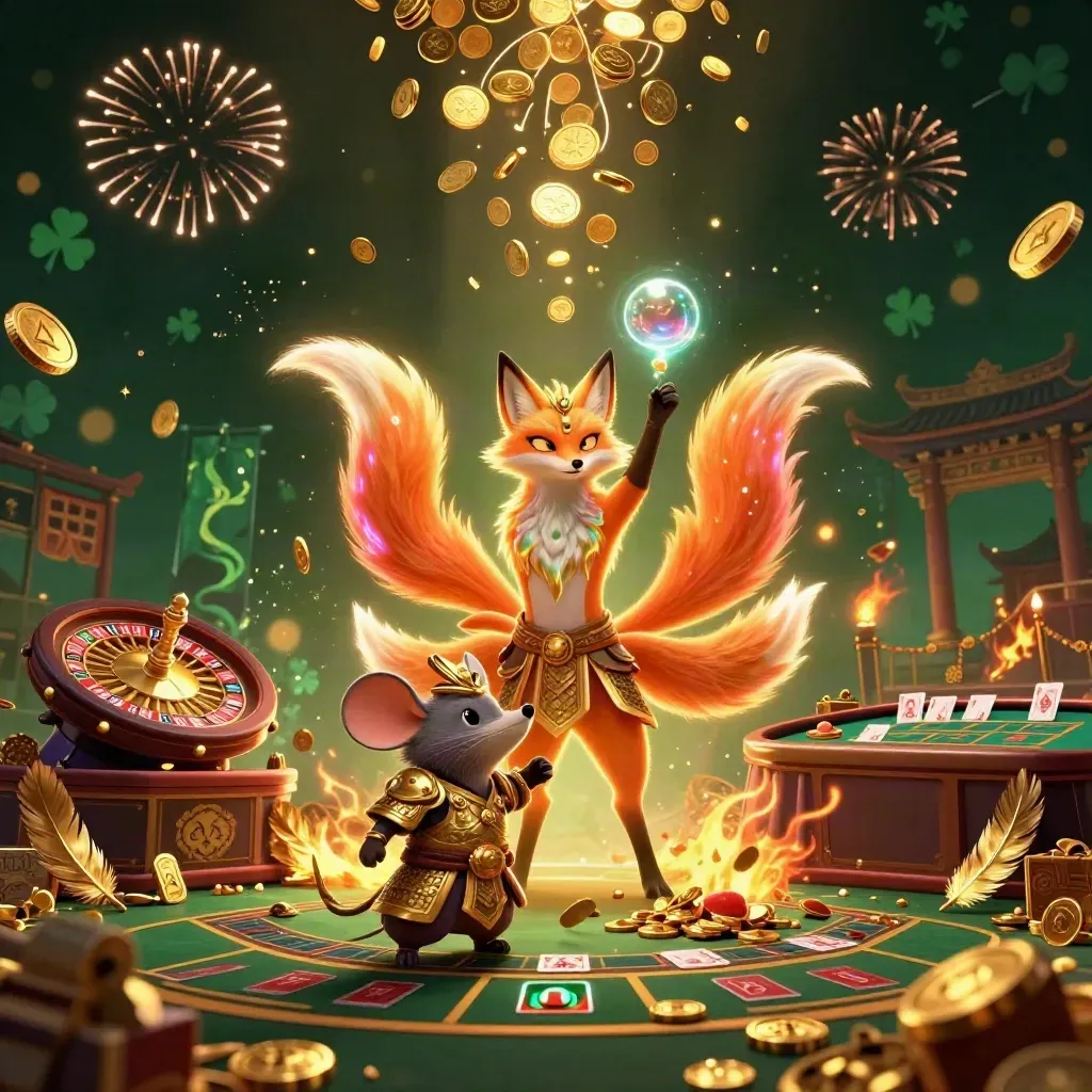 Raposa espiritual de nove caudas e rato samurai em ouro, com moedas, roleta e fogos.