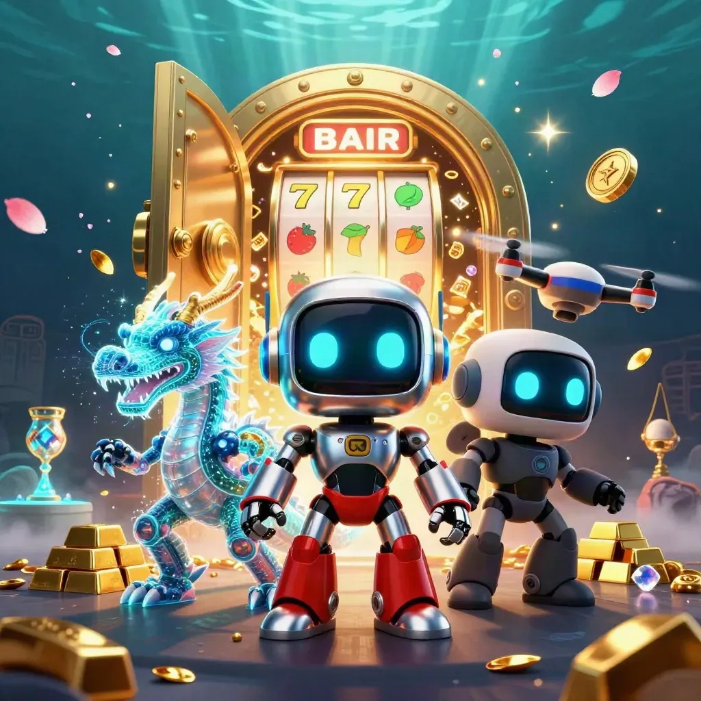 Robô cyberpunk, dragão holográfico e drone diante de cofre dourado submerso em luz VIP.